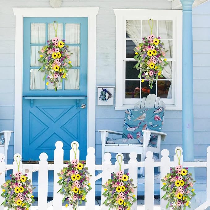 2 Pcs Spring Swags for Front Door, 23.6" Artificial Floral Teardrop Swags with Sunflowers Daisies Lavender, Spring Porch Decor Swag for Farmhouse Wall Window Cabinet Easter Decorations