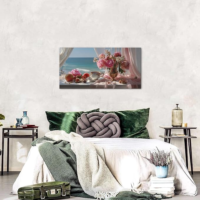 Vintage Pink Flower Wall Art Retro Flowers in Golden Vase Pictures Blue Ocean Coastal Landscape Canvas Prints Blossom Painting Poster Floral Artwork for Living Room Bathroom Home Decoration 20x40"
