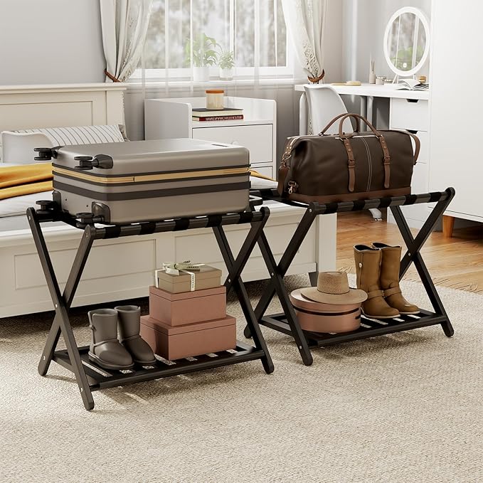 2 Pack Fully Assembled Black Luggage Racks, Bamboo 26.77" Folding Suitcase Stand for Guest Room with 5 Nylon Straps, Heavy Duty, Upgraded Luggage Rack Holder with Shelf for Bedroom Hotel