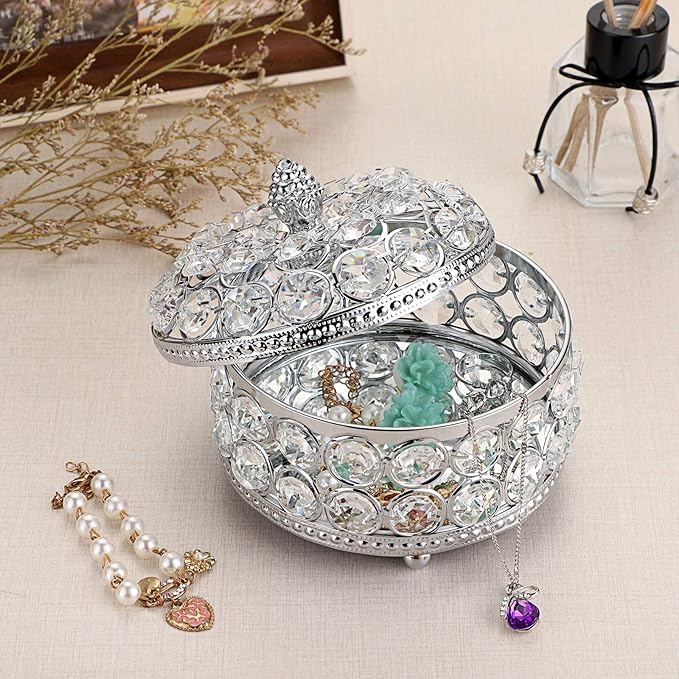 Hipiwe Crystal Mirrored Jewelry Box - Jewelry Trinket Organizer Treasure Box Home Decor Ring Earrings Necklace Storage Holder Chest Keepsake Box,Birthday Christmas Gift for Women, Large