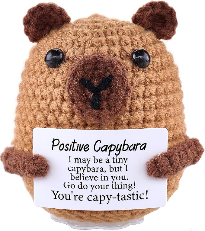 Emotional Support Capybara Positive Crochet Plush with Positive Messages for Adult Women Cute Pickle Office Decor Birthday Gifts for Best Friends (Capybara)