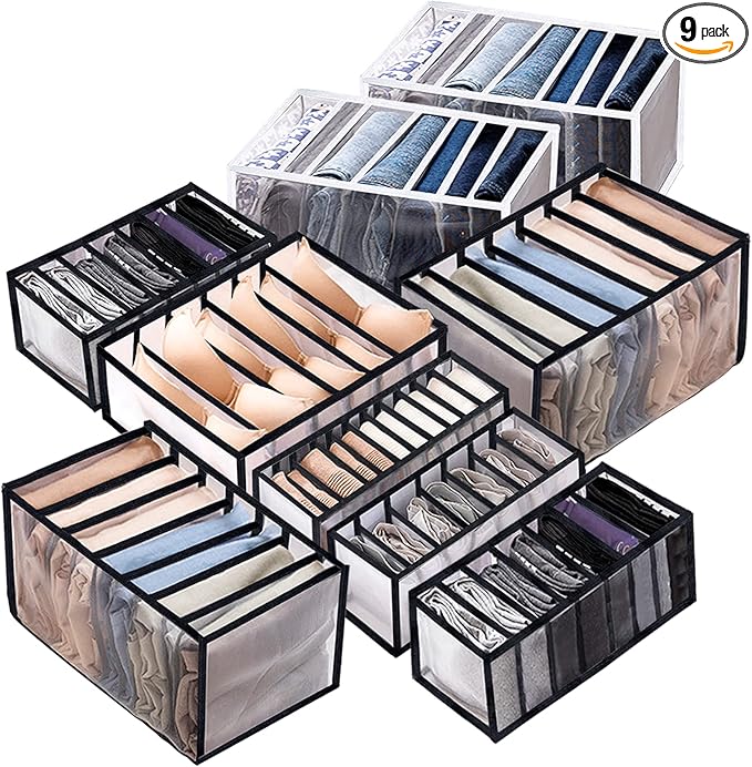 ULENDIS 9 Pack Wardrobe Clothes Organizer for Drawers, Foldable Clothes Drawer Mesh Separation Box, Drawer Dividers for Clothes Pants Jeans T Shirt (2Jeans+2Bra+(Legging+Shirt+Panties+Sock)*1)