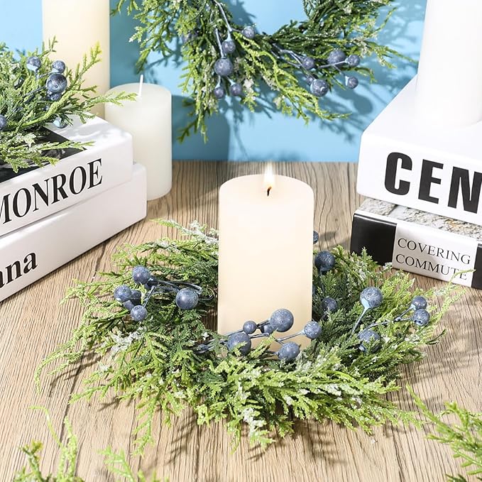 4 PCS Mini Blueberry Kitchen Cabinet Wreaths Artificial Spring Summer Farmhouse Hanging Wreaths Rustic Cedar Greenery Wreath with Burlap Bow for Front Door Cabinet Wall Window Wedding Home Decor