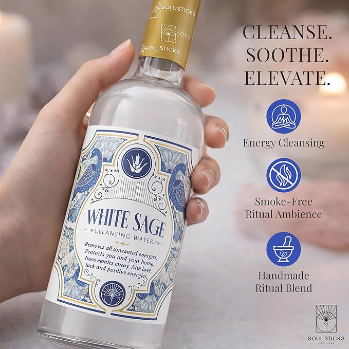 SOUL STICKS Cleansing Water 7.5 oz. Bottle for Clearing Negative Energy and Purifying Home Spiritual Florida Water Area Deodorizer (White Sage)