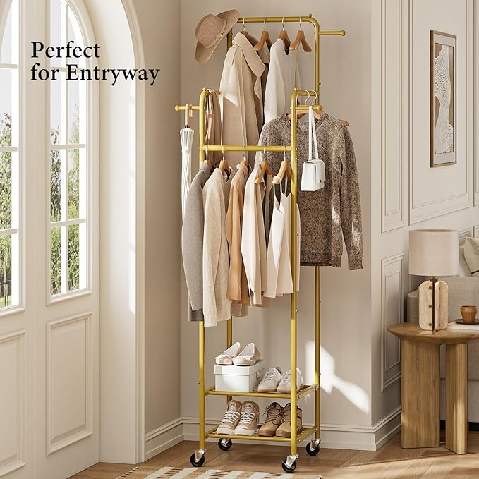Chrislley Clothes Rack with Wheels, 71" Portable Clothing Rack with 2 Shelves and 4 Hooks, Small Rolling Garment Rack, 4 Hanging Rods Metal Coat Rack for Bedroom, Apartment, Entryway, Gold