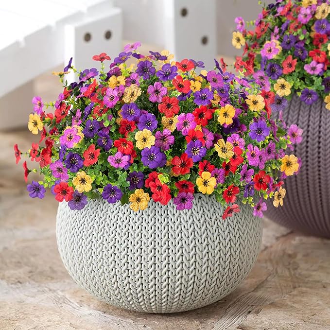 Artificial Flowers for Outdoors Potted Spring Decor, 12 Bundles Fake Summer Daisy with Realistic Eucalyptus Leaves, Faux Plants for Greenery Boxwood Porch Patio Garden Pot Lawn