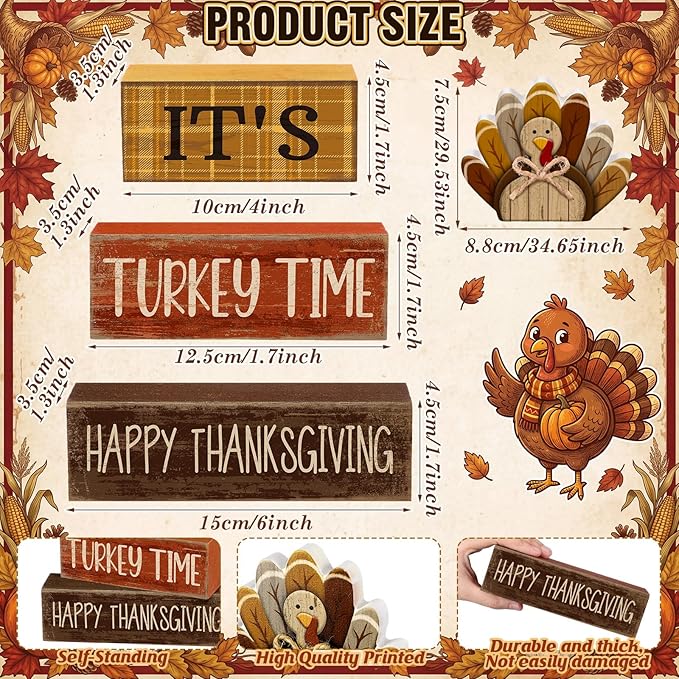 Moucuny 4 Pcs Fall Decorations for Home Wooden Turkey Decor Thanksgiving Tiered Tray Decor Thanksgiving Table Centerpiece Rustic Wooden Turkey Time Block Sign for Autumn Harvest Party Kitchen Shelf