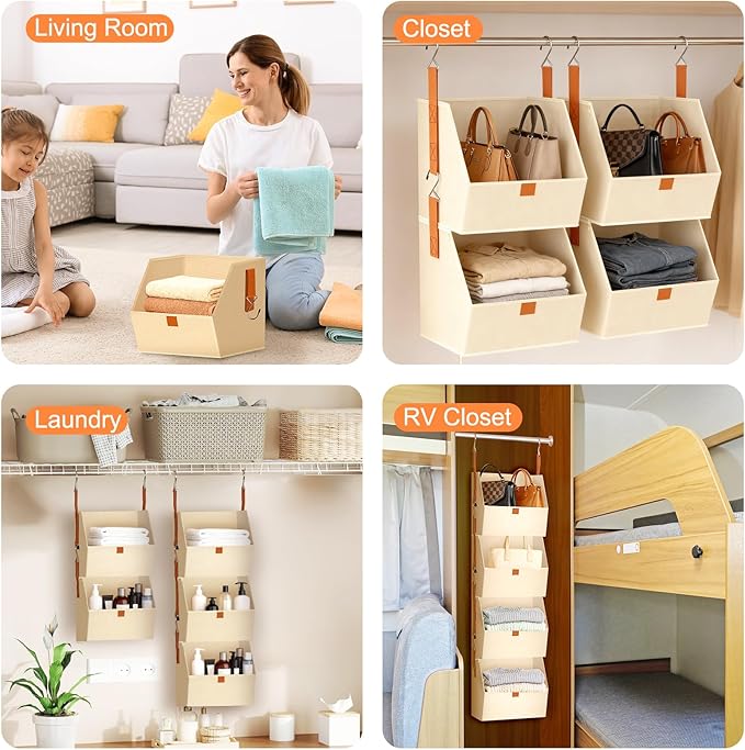 4-Tier Hanging Closet Organizer and Storage with Detachable Bins, Fabric Hanging Shelves for Closet, Dorm, Rv, Space-Saving Collapsible Basket for Handbags, Clothes (47” H)