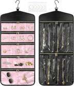 CHICECO Travel Jewelry Holder Organizer,Hanging Jewelry Organizer Storage with Zippered Pockets for Cloest,Jewelry Holder for Earrings, Necklaces (Pink Black)