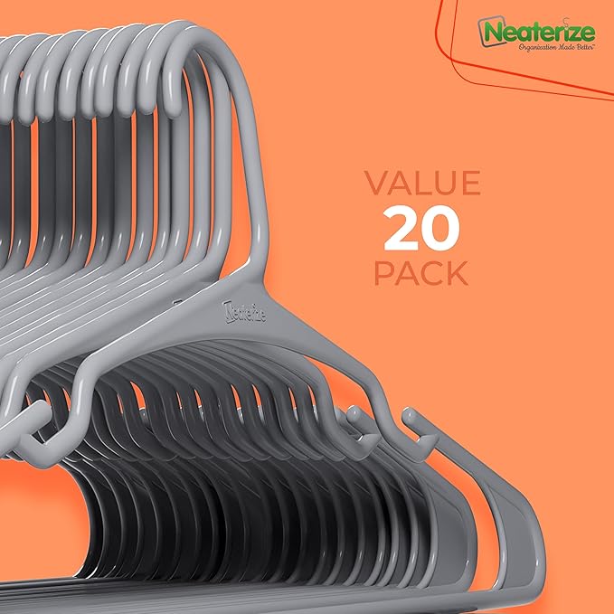 NEATERIZE Clothes Hangers Plastic 20 Pack for Adults - Plastic Hangers, The Perfect Coat Hanger and Space Saving Clothes Hangers for Closet, Percheros Ganchos para Colgar Ropa Hangars - Grey Hangers
