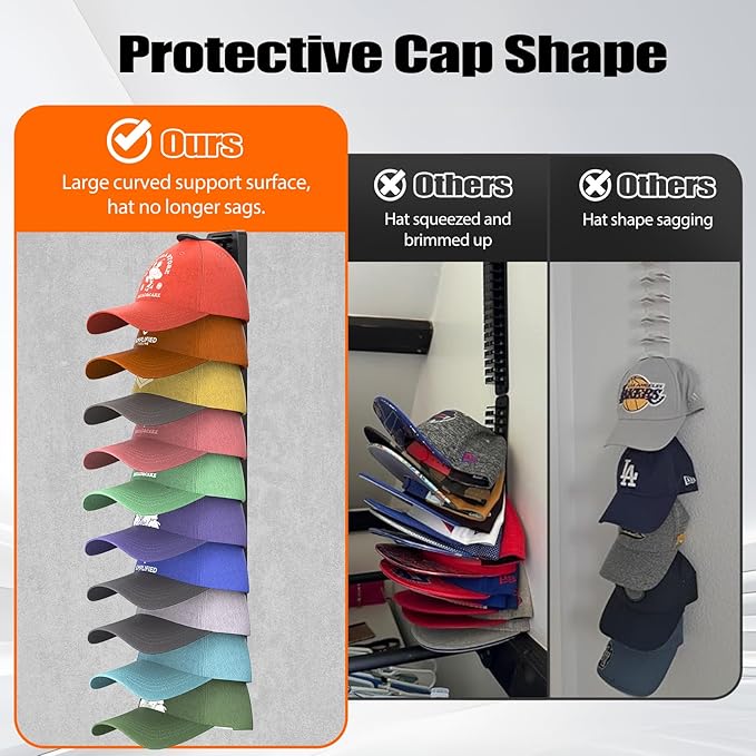 Hat Organizer for Baseball Caps, 2 Pack Hat Rack for Wall, Strong Adhesive Hat Storage Display Holder(Rainbow)