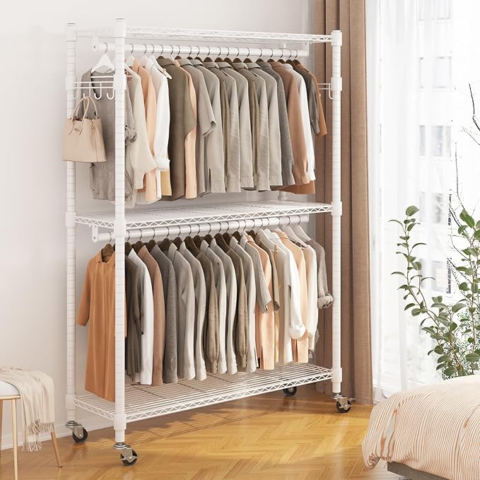 BATHWA Heavy Duty Garment Rack on Wheels, Rolling Clothes Racks for hanging clothes, Modern Closet Wardrobe Clothing Rack with 8 Side Hangers, White