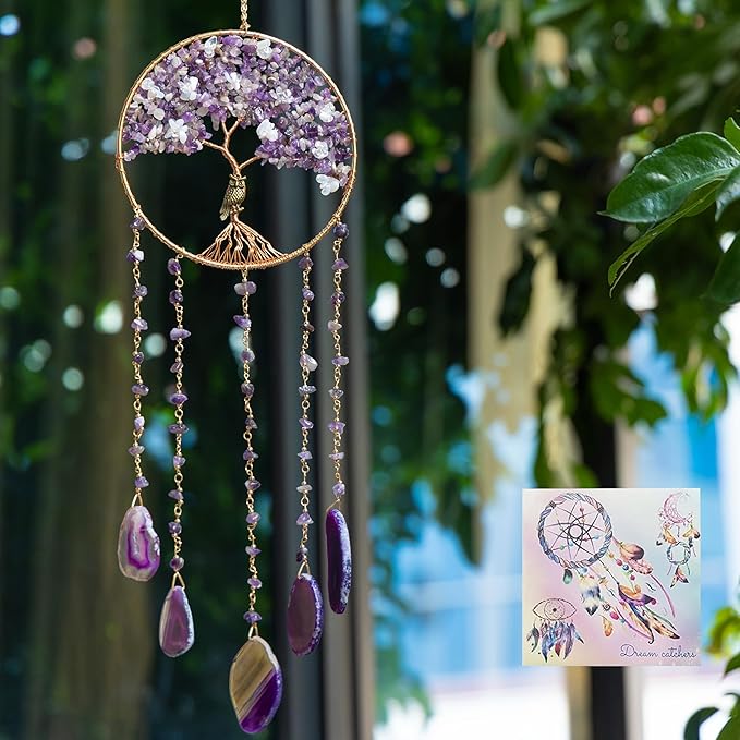 Purple Tree of Life Dream Catchers with Agate Pendant Natural Dream Catchers for Aunt Wall Decor Handmade Dreamcatcher Wall Hanging Ornament for Bedroom Living Room Home Decor