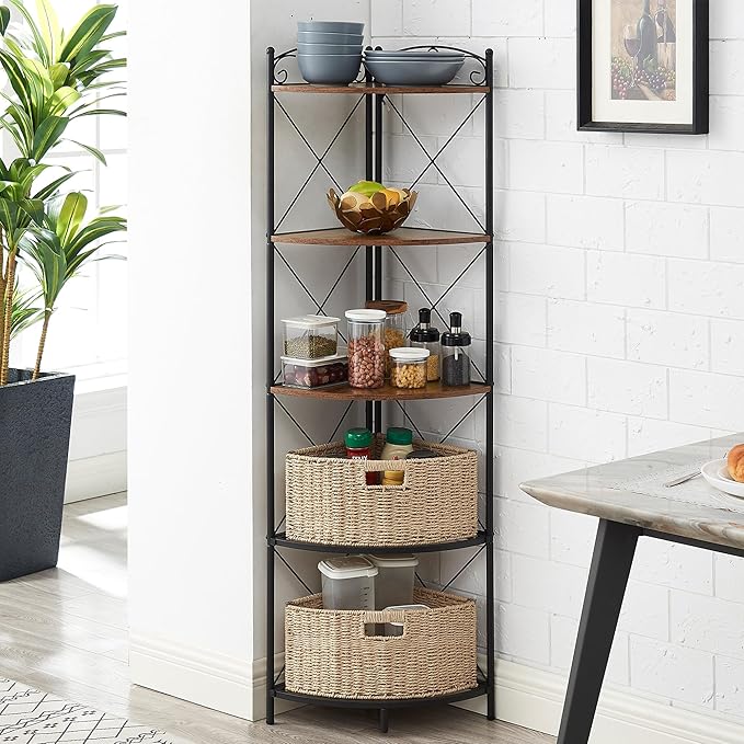 VECELO 5 Tier Corner Shelf with 2 Woven Basket, 55" Tall Standing Organizer, Rustic Brown Storage Rack, Narrow Bookshelf Display Shelves Rack for Wall Corner, Living Room, Kitchen, Bedroom, Office