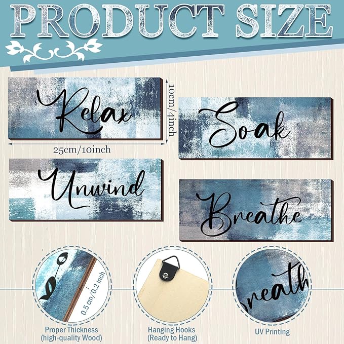 Maitys 4 Pcs Bathroom Wall Decor 10 x 4 Inch Bathroom Wall Art Contemporary Wood Restroom Pictures for Soak Unwind Relax Hanging Sign Spa Rustic Vintage Farmhouse Pediments(Blue, White)