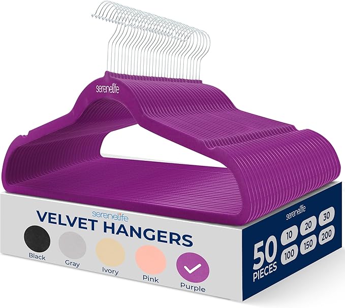 SereneLife 50 Pack Velvet Hangers - Non-Slip, 360° Swivel Hook - Ultra-Thin, Lightweight Velvet Hangers for Shirts, Sweaters, Hoodies, Kids Clothes & Dresses - Space-Saving