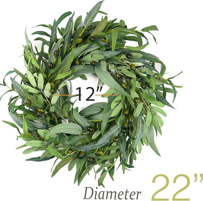 Olive Wreath for Front Door 22 inch, Greenery All Season Wreath with Olive Leaf Fruit, Home Decoration for Outdoor Living Room Indoor Wall and Outside Summer All Season Wedding