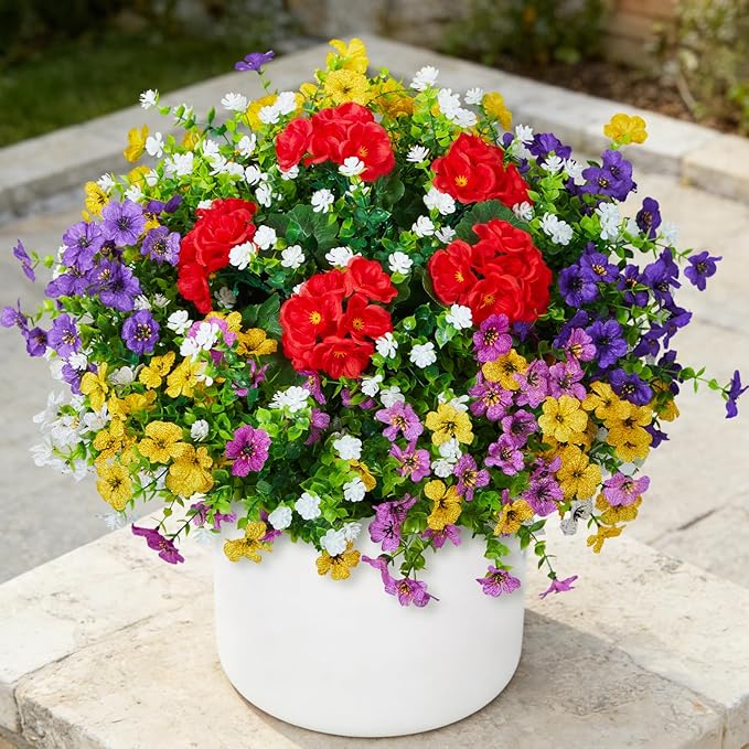 Fake Artificial Silk Flowers for Outdoors with Realistic UV Resistant, Faux Plants for Outside Indoor, Home Patio Garden Back Yard Front Poch Decor Spring Summer(12 Bunches)