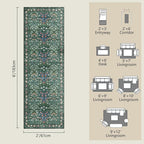 Non-Slip Washable Runner Rug for Hallways, 2x6 Ultra-Thin Floral, Boho Soft Forest Green Carpet for Kitchen, Bathroom & Laundry Room