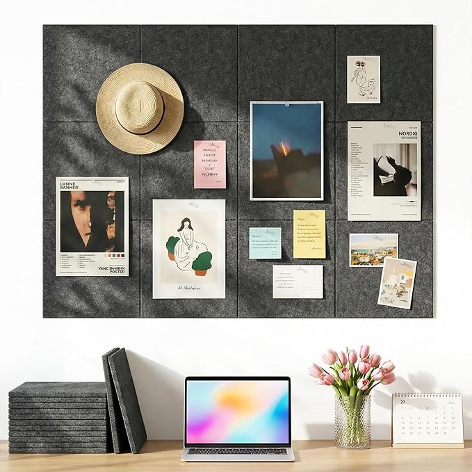 Aothia Felt Bulletin Board Tiles for Wall, 12 Pack Large 48" x 36", Felt Wall Tiles Cork Board Alternative, Adhesive Bulletin Board Tiles for Office, Classroom & Home, Charcoal Gray