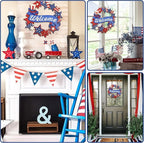 4th of July Decorations Wooden Welcome Sign, Wooden American Flag Star Wreath, Outdoor Wall Hanging for Front Porch, Veterans Day Home Decor (4th of July)