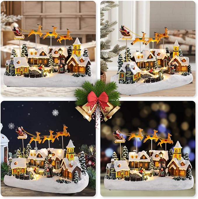 WONDER GARDEN Christmas Village Houses-Christmas Houses Village - Lighted Town Sets Colorful Musical Collectible Buildings with Elks Pulls Santa in Sleigh for Home Indoor Decor or Gift