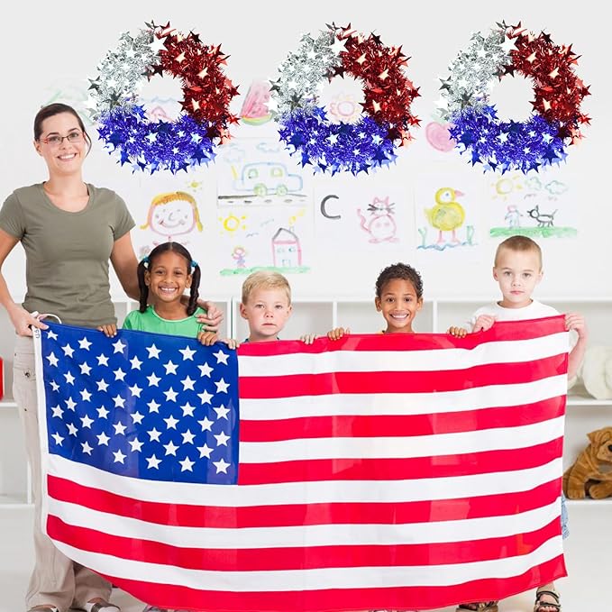 TORONTOKYO 3 Pcs Patriotic Tinsel Wreath for Front Door 11.81 Inch Red White Blue Memorial Day Wreath with Stars 4th of July Decorations for Independence Day Wall Home Farmhouse