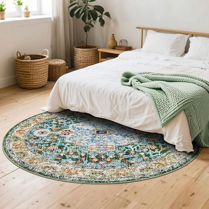 U'Artlines Boho Vintage Round Area Rug 8ft Machine Washable Low Pile Soft Floor Carpet Non Slip Non Shedding Accent Rug for Living Room Bedroom Entryway Dining Room Office Green