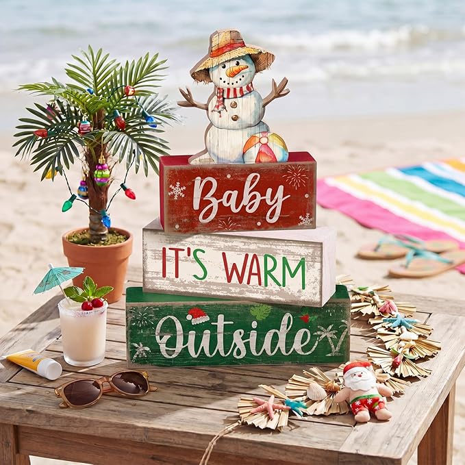 Lineshading 4 Pcs Summer Christmas in July Table Decoration Wooden July Summer Table Centerpiece Christmas Party Supplies Snowman Flamingo Palm Tree Beach Party Decorations Holiday Xmas Supplies