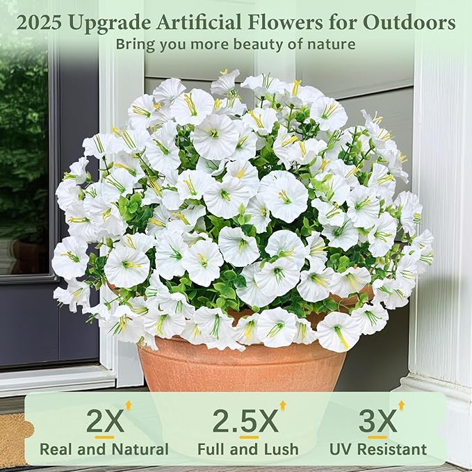 MARTINE MALL 12 Bundles Look Real Artificial Flowers for Outdoors, Realistic Fake Outdoor Flowers, UV Resistant Silk Petunia Flowers for Outside Faux Flowers Plants for Outdoor Porch, White