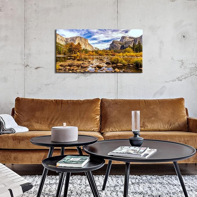 Yosemite Valley Mountain Wall Art Panorama of National Park Canvas Prints Nature Landscape Pictures Wall Decor Fall Stream Forest Painting Artwork for Living Room Bedroom Office Home Decorations