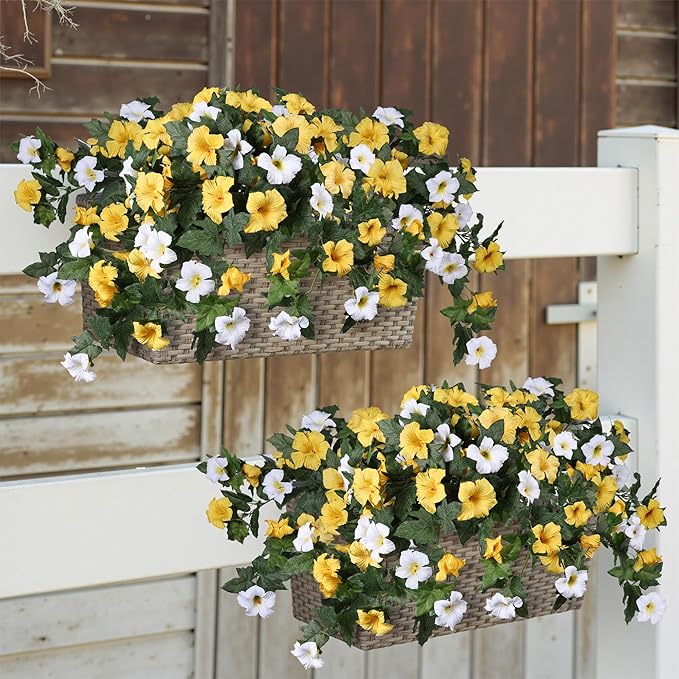 HyeFlora Artificial Flowers for Outdoors 2PCS Spring Faux Morning Glory Look Real Silk Flowers for Outside Planter UV Resistant Fake Flowers for Home Garden Balcony Yard Porch Deco (Yellow)