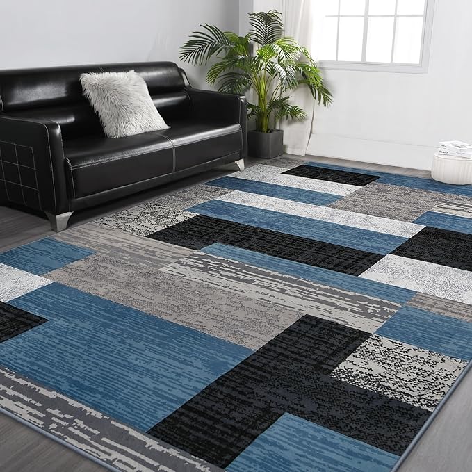 FlyDOIT Modern Geometric Patchwork Area Rug, 9x12 Blue Large Rugs for Living Room, Rockwood Collection Indoor Rugs for Bedroom, Throw Carpet Floor Decor for Entryway Dining Room Office Nursery