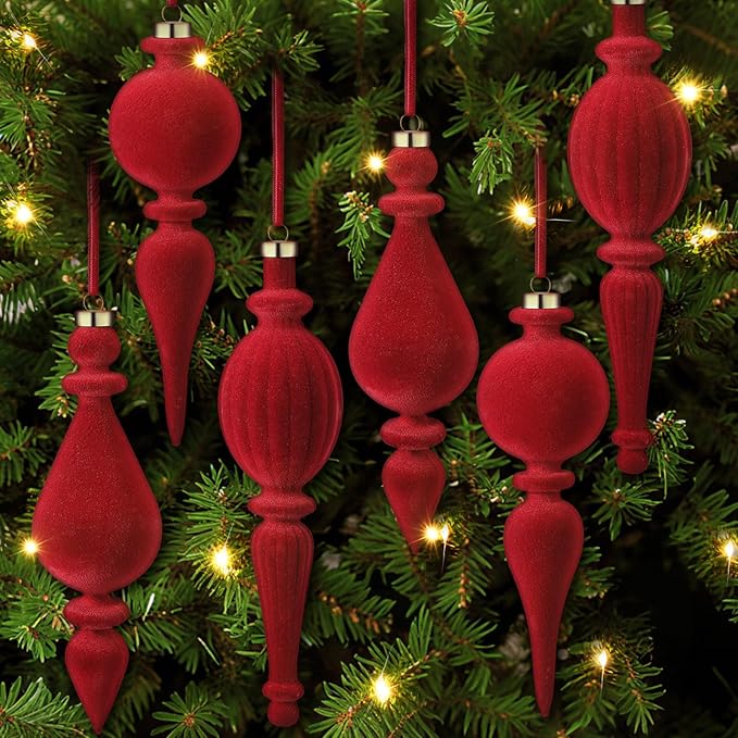 Jetec 6 Pcs Burgundy Velvet Christmas Finial Ornament Flocked Xmas Tree Hanging Decoration Plastic Velvet Christmas Ornaments with 3 Styles for Xmas Tree Holiday Home Party Decoration