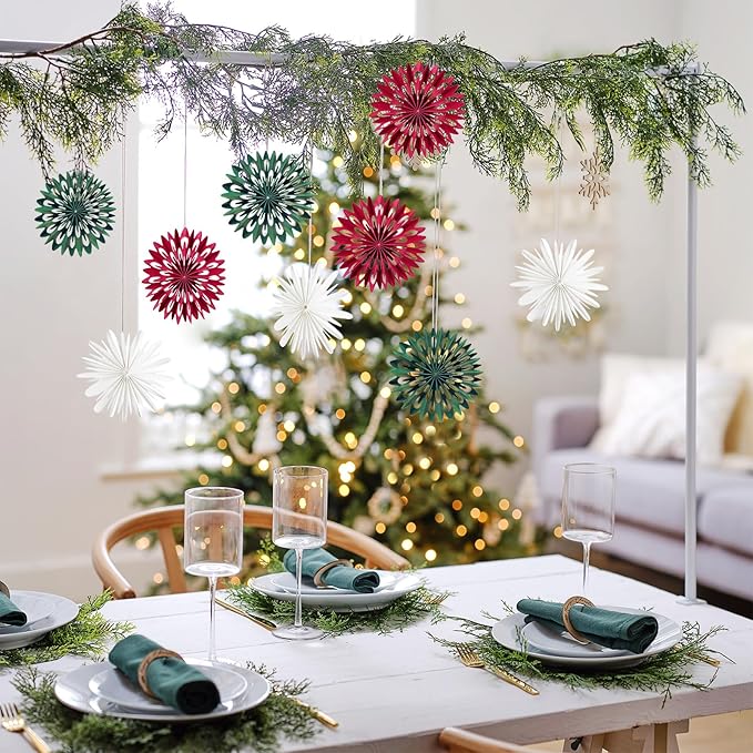 EASY JOY Red White Green Christmas Hanging Decorations - 9Pcs 3D Christmas Tree Paper Hanging Decor Snowflake Ornaments Christmas Decorations Outdoor Indoor for Xmas Party New Year Window Door
