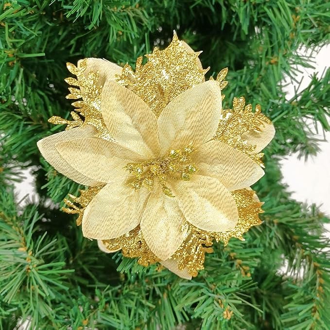 Gardeningwill Pack of 12 Gold 5 Inch Glitter Flower Shape Christmas Hanging Ornaments Party Decorating Supplies