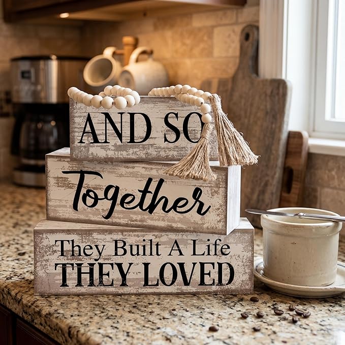 4 Pcs Farmhouse Home Decoration Wooden Tabletop and So Together They Built a Life They Loved Decor Motivational Tiered Tray Decor Rustic Block Sign Retro Bead Garland Table Centerpiece for Shelf Desk