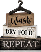 Moucuny 4 Pcs Farmhouse Laundry Room Decor Stacked Blocks, Wash Dry Fold Repeat Wooden Sign Set with Vintage Hanger - Rustic Home Shelf Decor for Laundry Area Housewarming Gift