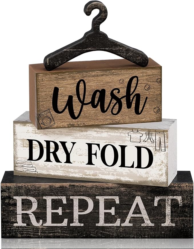Moucuny 4 Pcs Farmhouse Laundry Room Decor Stacked Blocks, Wash Dry Fold Repeat Wooden Sign Set with Vintage Hanger - Rustic Home Shelf Decor for Laundry Area Housewarming Gift