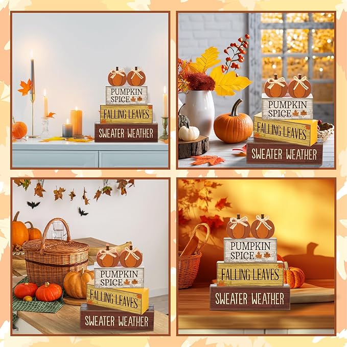 Lineshading 4 Pcs Fall Pumpkin Decor Fall Table Decoration Thanksgiving Tiered Tray Decor Thanksgiving Centerpiece Rustic Decorative Pumpkin Block Sign Gift Farmhouse Autumn Table Sign for Home