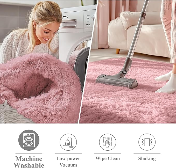 OLANLY Pale Pink Round Rugs for Bedroom - Machine Washable, 5 ft Circle Area Rugs for Living Room, Soft and Fluffy Shaggy Carpet for Teen Girls and Boys, Nursery Rooms, Dorms, Home Decor Aesthetic
