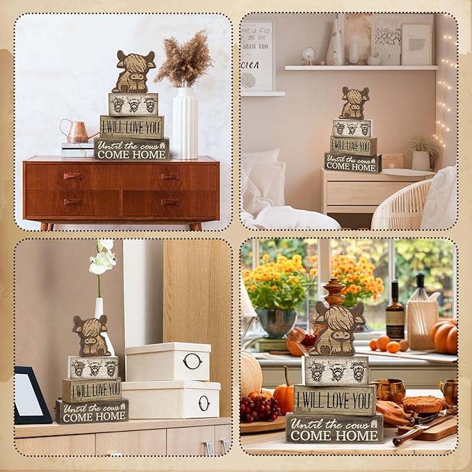 Moucuny 4 Pcs Highland Cow Table Decorations Rustic Western Tiered Tray Decor Decorative Highland Cow Block Signs Western Tabletop Centerpieces Farmhouse for Home Desk Room Kitchen Shelf Decor