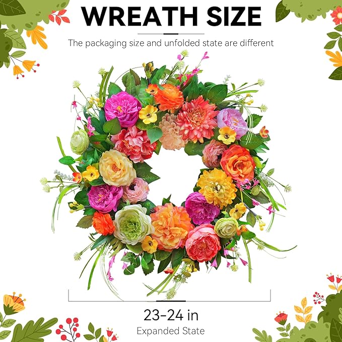 Spring Wreaths for Front Door 24 Inch,Summer Wreath with Rose,Peony,Dahlia,Spring Door Wreath for Holiday Farmhouse Indoor Outdoor Wall Home Decor