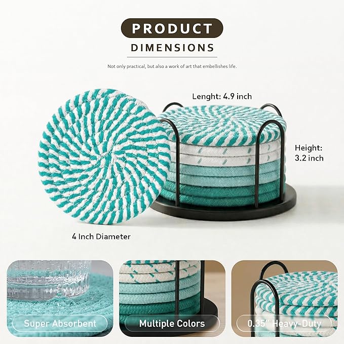 Lazebox Coasters Set of 8 for Drinks, 4 Inch Large Coasters for Coffee Table, Tabletop Protection for Hot & Cold Drinks, Versatile Coasters for Home Decor, Non-Slip & Easy to Clean, Green