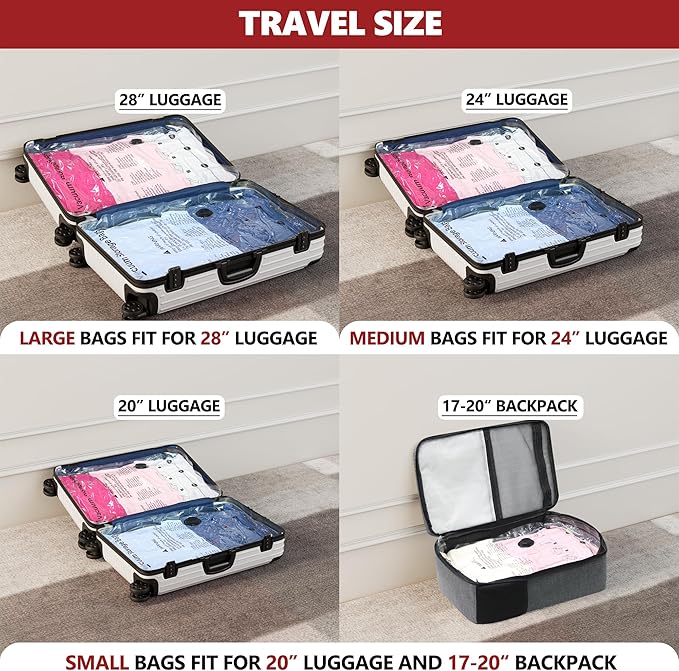 Vacuum Bags for Travel with Rechargeable Pump, 8 Large Compression Packing Seal Bags for Luggage Suitcase, Space Saver for Clothing and Clothes Storage Travel