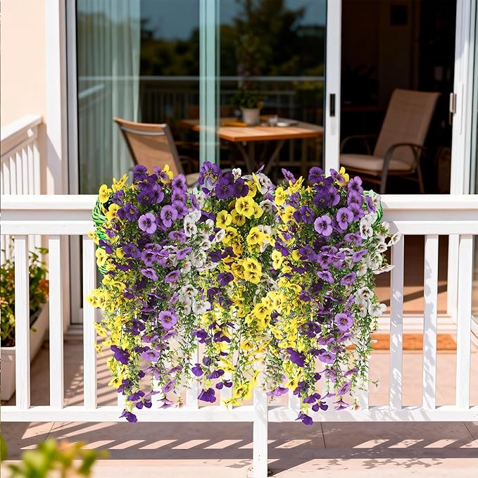 Fake Artificial Flowers for Outdoors, 4 Pcs Faux Hanging Pansy Flowers Spring Summer Decor, UV Resistant Fake Plants Silk Flower for Planter Front Door Porch Patio Yard Garden(Purple Yellow White)