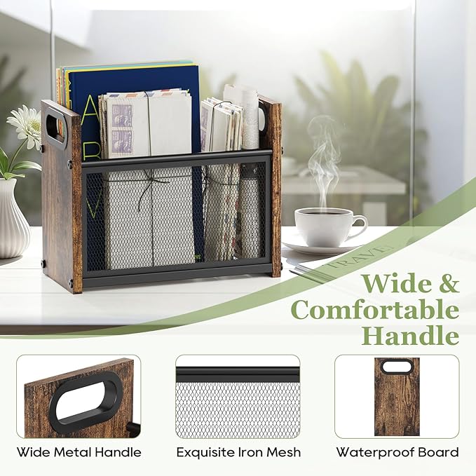 Rustic Magazine Holder, Wood Magazine Rack Floor, Magazine Storage Basket, Mesh Magazine File Holder, Magazine Holders for Shelves，Magazine Stand for Desk, Folder Organizer Bin for Magazines