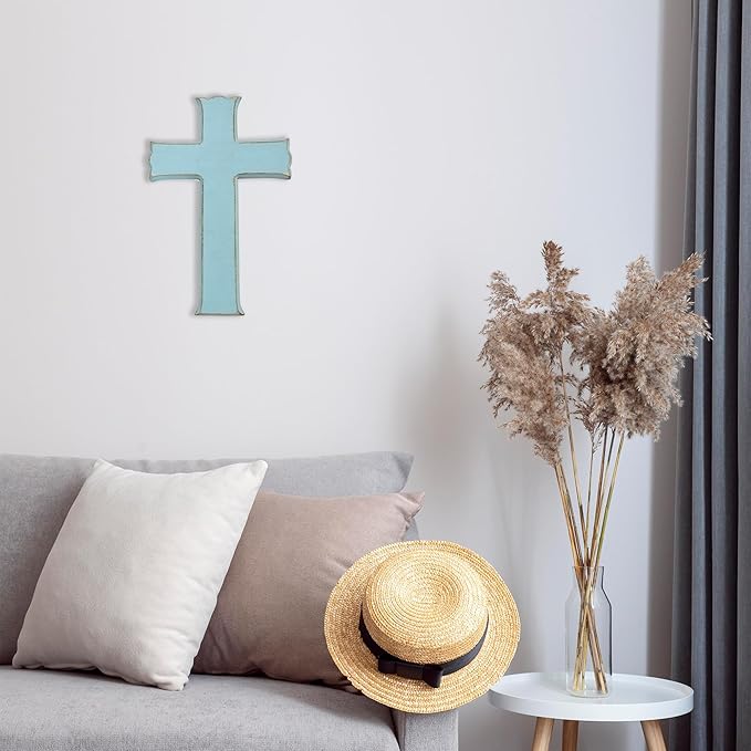 Bltgh Blue Wooden Cross Wall Decor, Religious Cross Gifts With Hook on Hanging Wall Or Table, Confirmation Cross Gift, Baptism Gifts, Rustic Home Church Room Crosses Décor, 10x6.5 IN