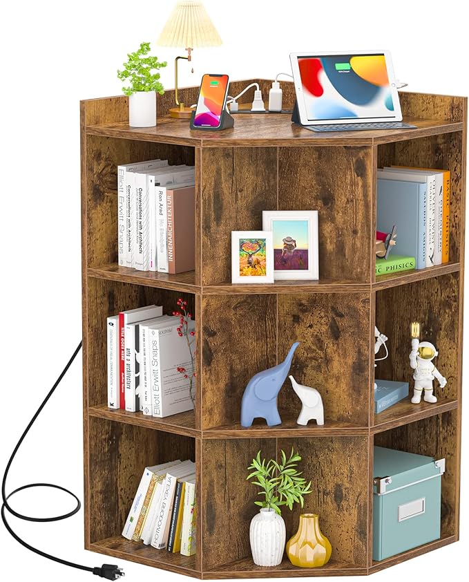 Aheaplus Corner Cabinet, Corner Storage with USB Ports and Outlets, Corners Cube Toy Storage for Small Space, Wooden Corners Bookshelf with 9 Cubes for Playroom, Bedroom, Living Room, Rustic Brown