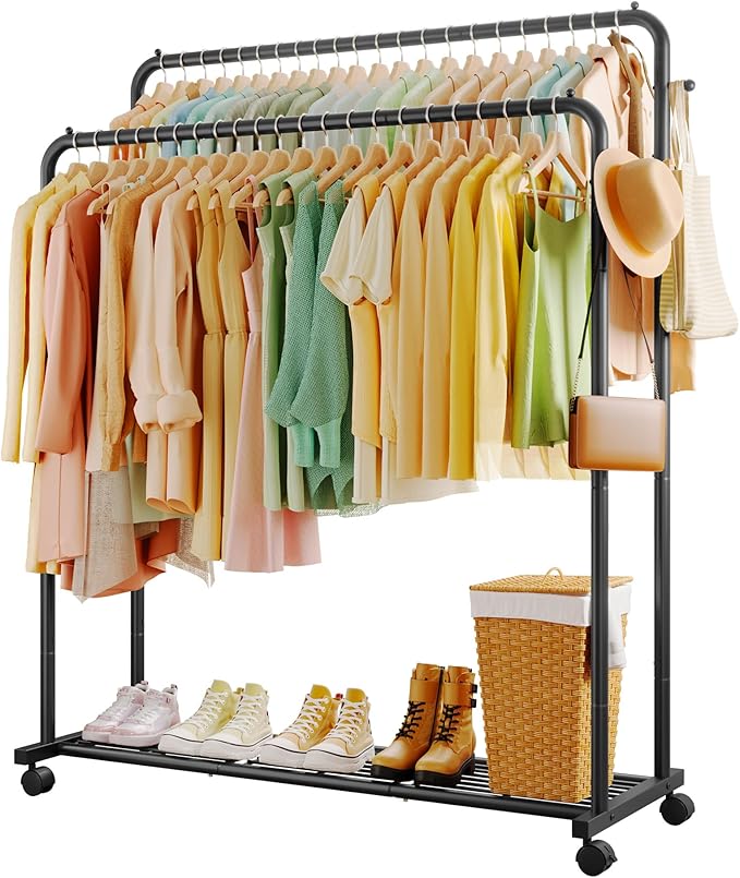 Clothes Rack - Double Rods Clothing Rack with Mesh Shelf, Hooks & Wheels, Metal Clothing Racks for Hanging Clothes & Bags, Multifunctional Garment Rack for Laundry, Black, 47.2" x 16.9" x 59.1"